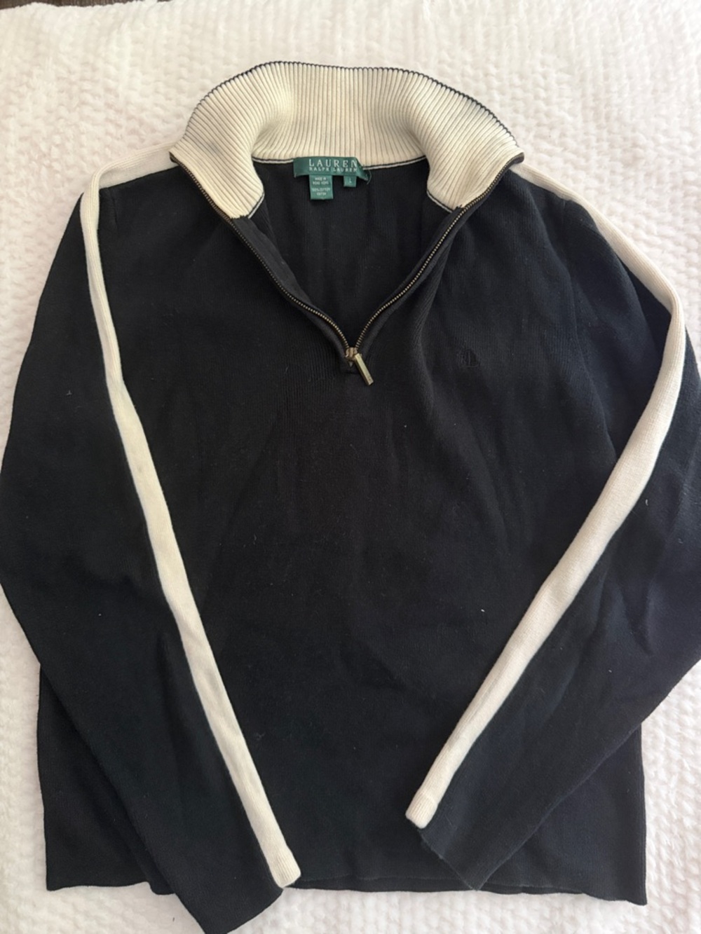 Ralph Lauren Men’s Black Zip-Up Sweater with White Sleeve Stripes